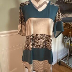 LuLaRoe Teal and Leopard Print Blouse
